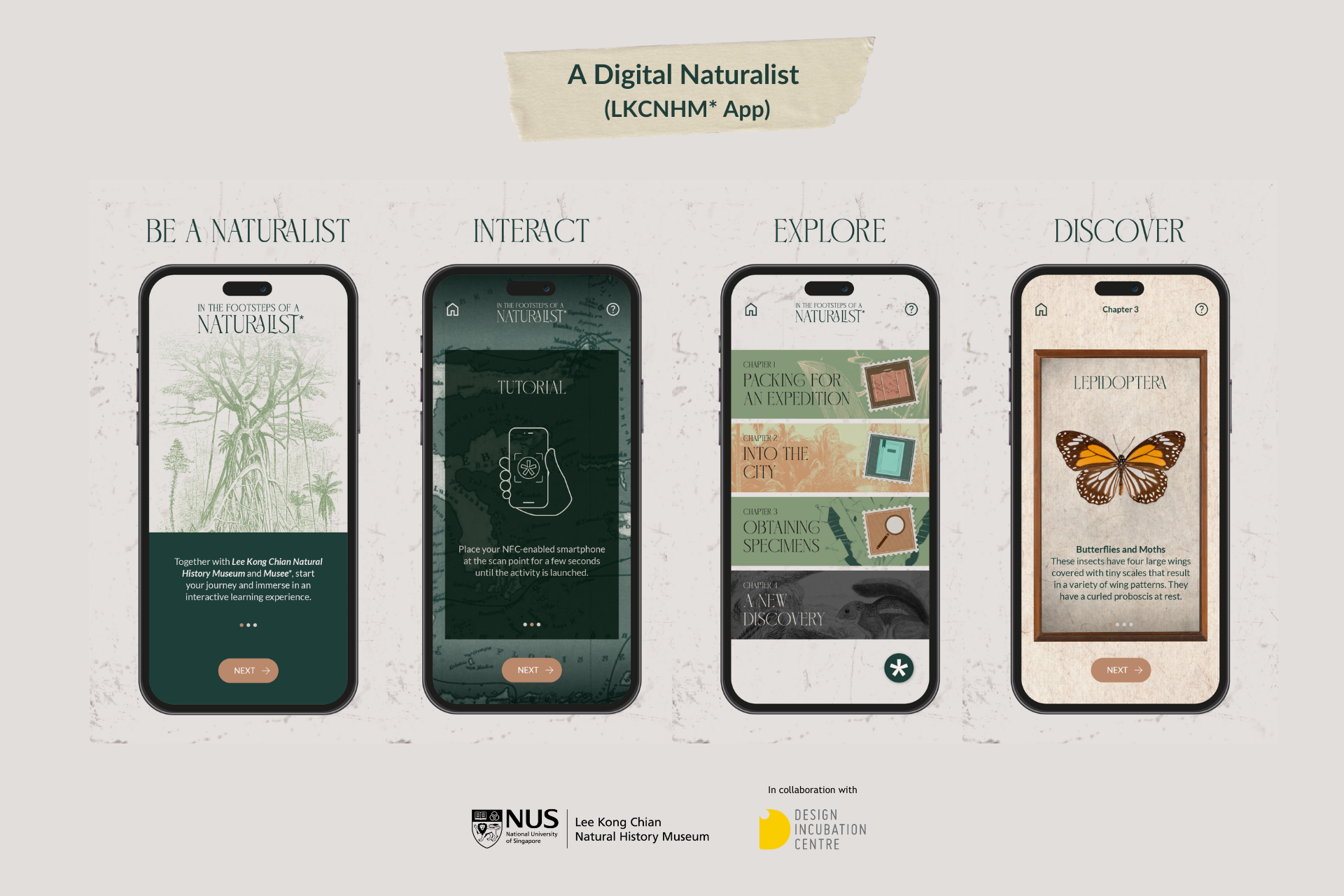 Screenshots of the 'A Digital Naturalist' (LKCNHM* App) on a grey background.