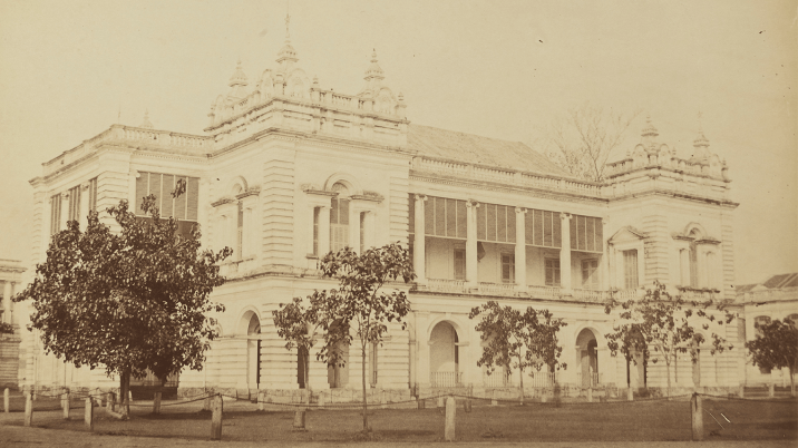A faded black and white photograph taken between 1864 and 1872 showing the Town Hall (which is now the Victoria Memorial Theatre).