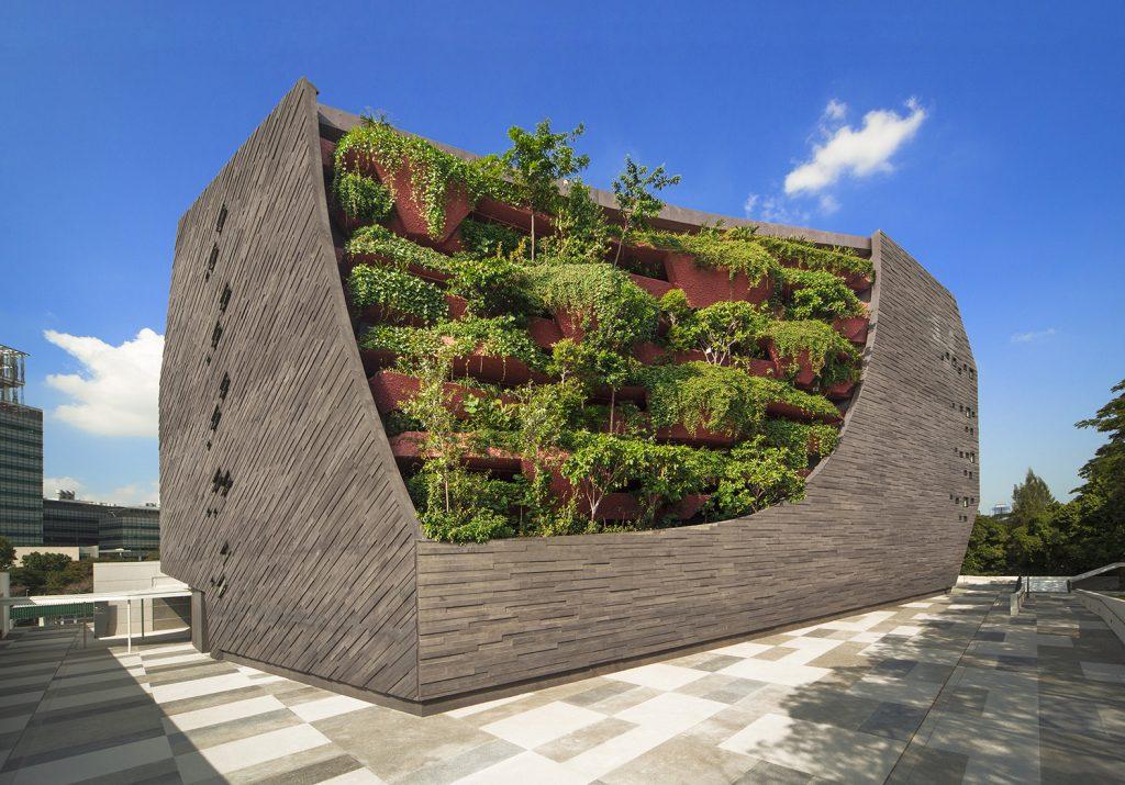 The Lee Kong Chian Natural History Museum building that opened to the public on 18 April 2015. The design was inspired by a rock with moss growing on its side (in the form of native trees and plants growing off one of its side)