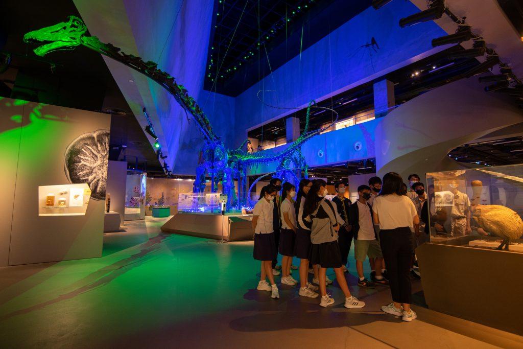 Participants engaged in a Museum tour conducted by an Education Officer, with sauropod dinosaur fossils in the background.