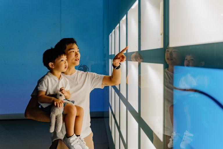 A young father holding his son while pointing at one of the Museum’s glass showcases. The son looks very intrigued by the specimens in the showcases.