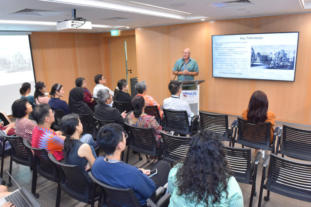 Assoc Prof Timothy Barnard presenting on the history of Singapore’s biodiversity. Photo courtesy of NUS Libraries.