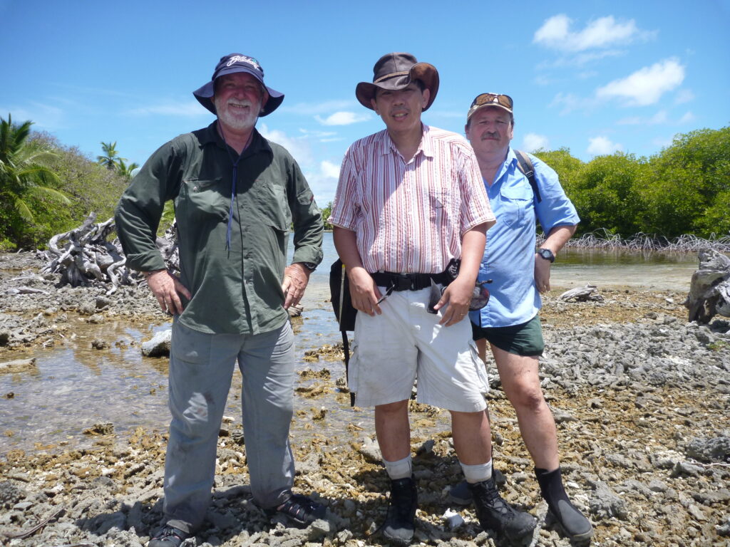 Crabbing at Horsburg Island, in the Cocos Keeling Island Group, NE Indian Ocean, in 2010; (left to right) the late Max Orchard, former Chief Ranger at Christmas Island National Parks, Prof Peter Ng, and Dr Peter Davie. Photo credit: Peter Davie