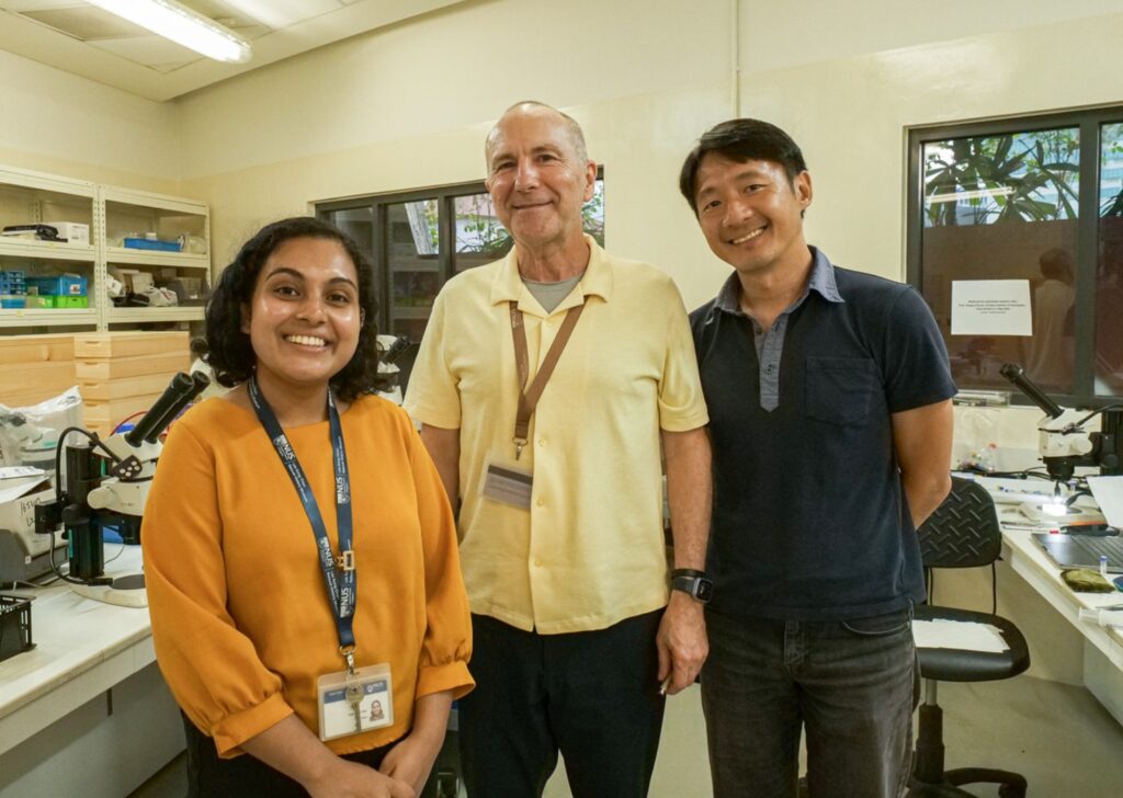 Dr Gregory Rouse, Ms Tashfia Raquib, and the Deputy Head of LKCNHM, Assoc Prof Huang Danwei, in one of the Museum’s research laboratories.